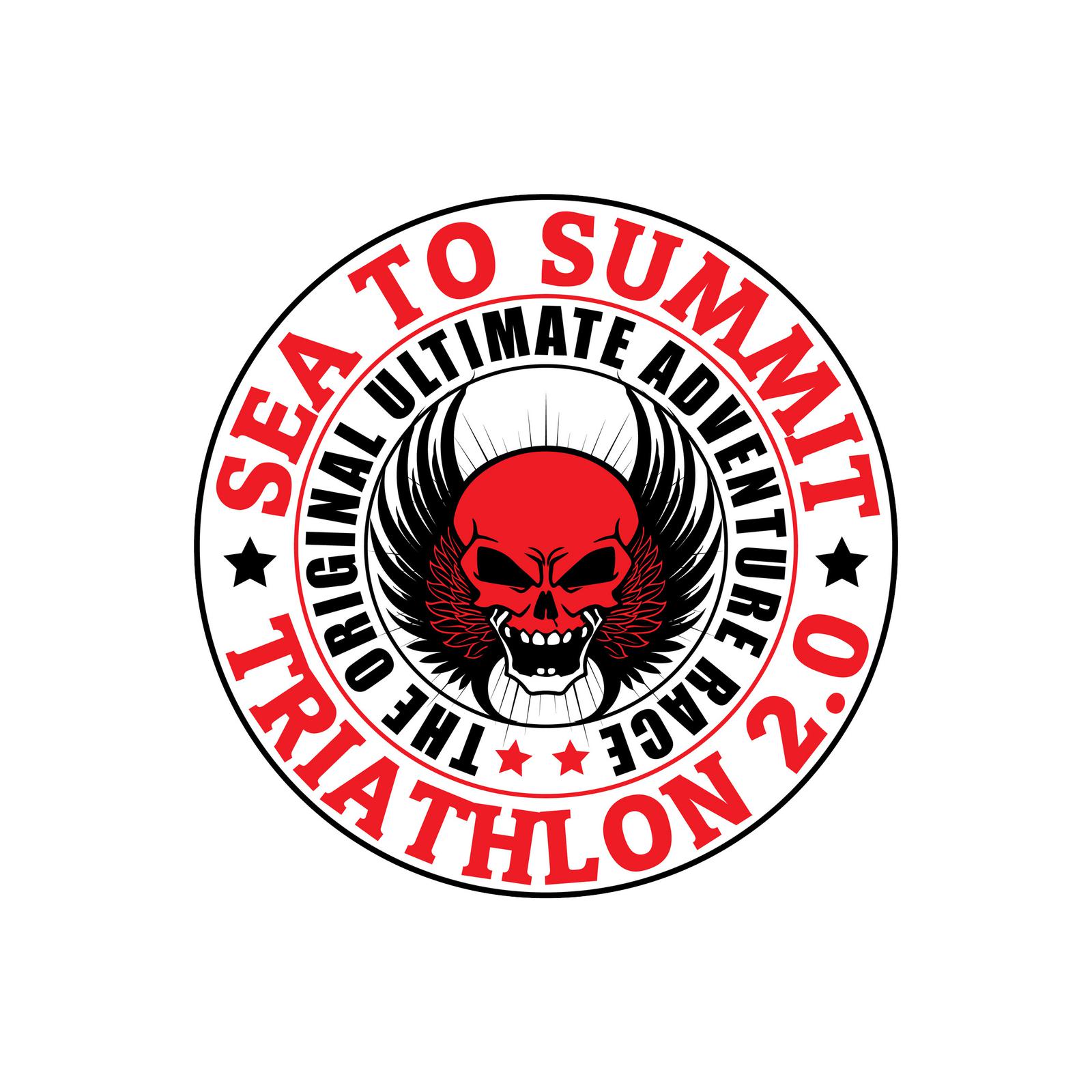 A circular logo with a red skull wearing a helmet with horns in the center. Text reads "Sea to Summit Triathlon 2.0, The Original Ultimate Adventure Race" in black and red letters around the skull.