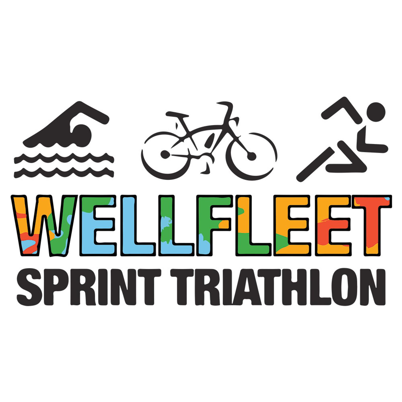 Logo for the Wellfleet Sprint Triathlon featuring icons of swimming, cycling, and running above colorful text "Wellfleet" and black text "Sprint Triathlon" on a white background.