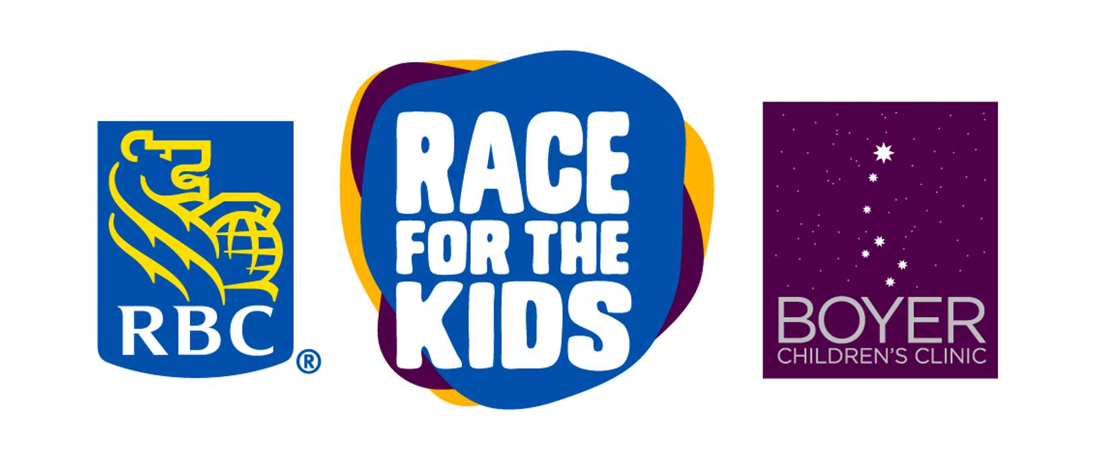 Logos for RBC, Race for the Kids, and Boyer Children's Clinic. RBC logo features a lion holding a globe. Race for the Kids has white text on a blue shape with maroon and yellow behind. Boyer Children's Clinic has a purple background with stars.