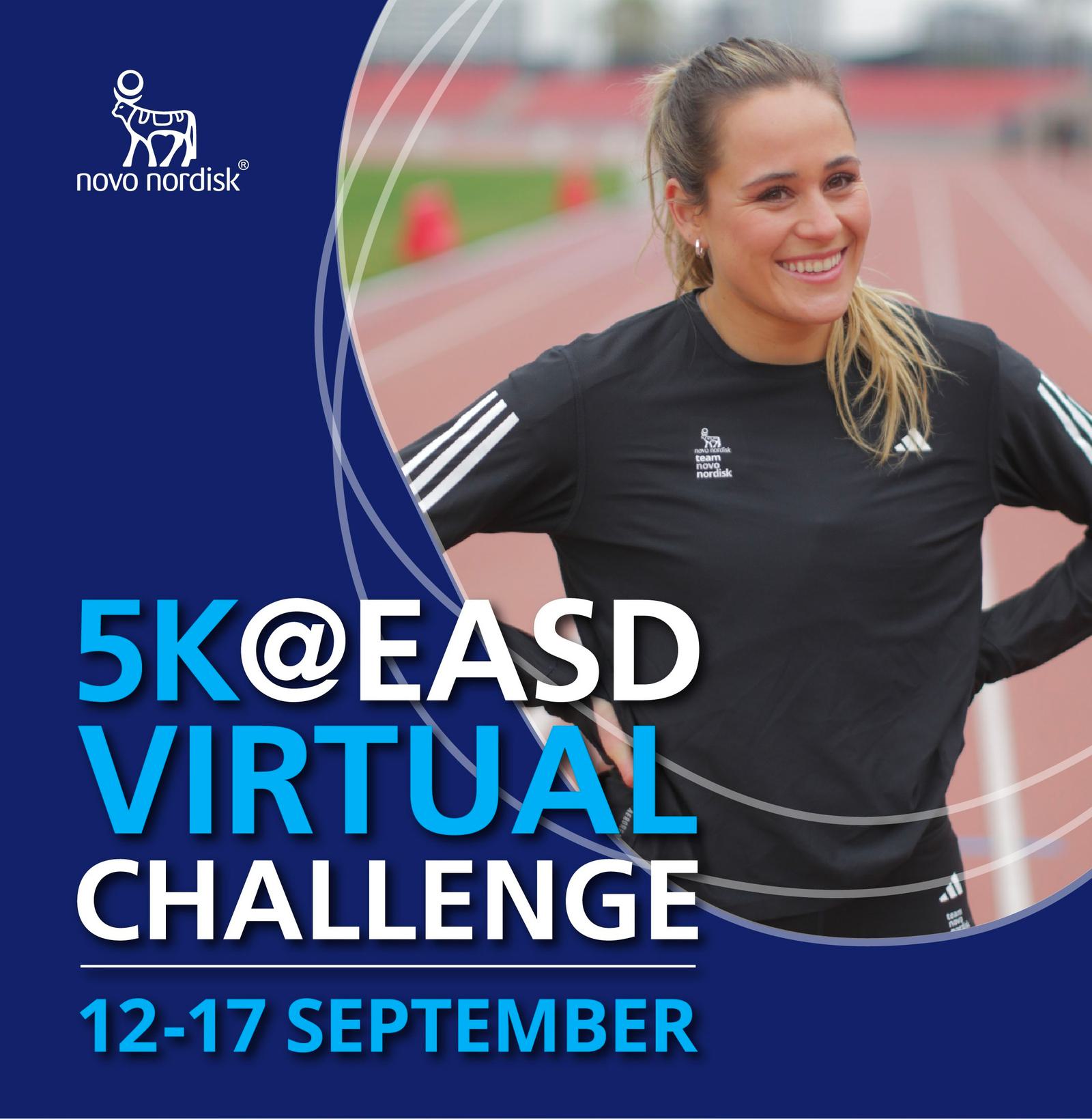 A smiling woman in athletic wear stands on a running track. The text on the image reads: "5K@EASD Virtual Challenge 12-17 September." Novo Nordisk logo is in the top left corner.