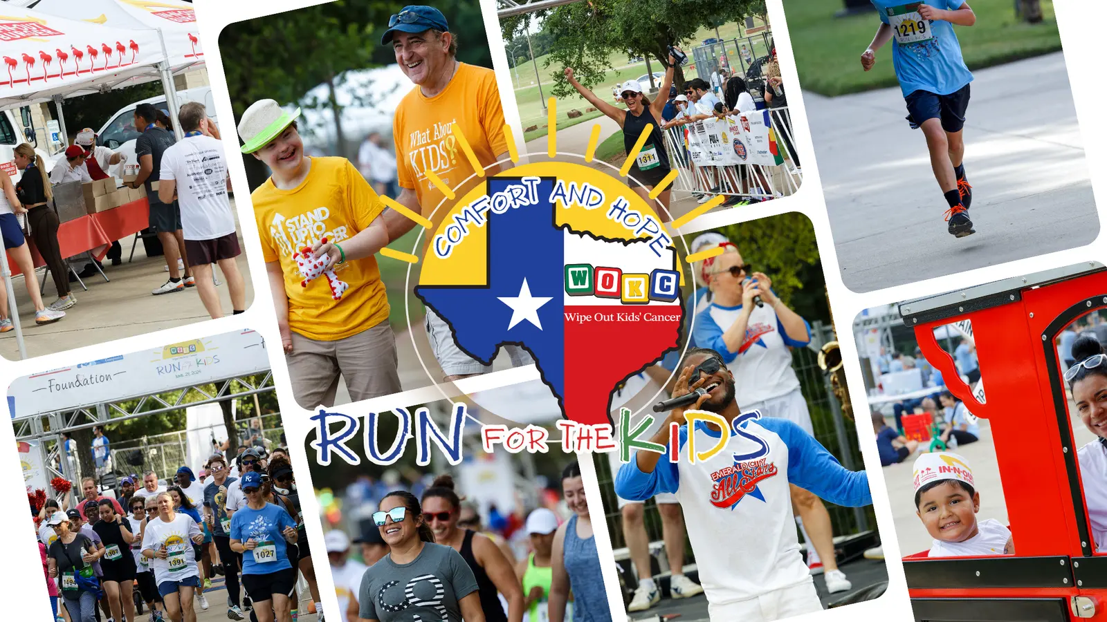 A collage of adults and children participating in a charity run, with the Texas logo, text “Comfort and Hope,” “Wipe Out Kids’ Cancer,” and “Run for the Kids” at the center.