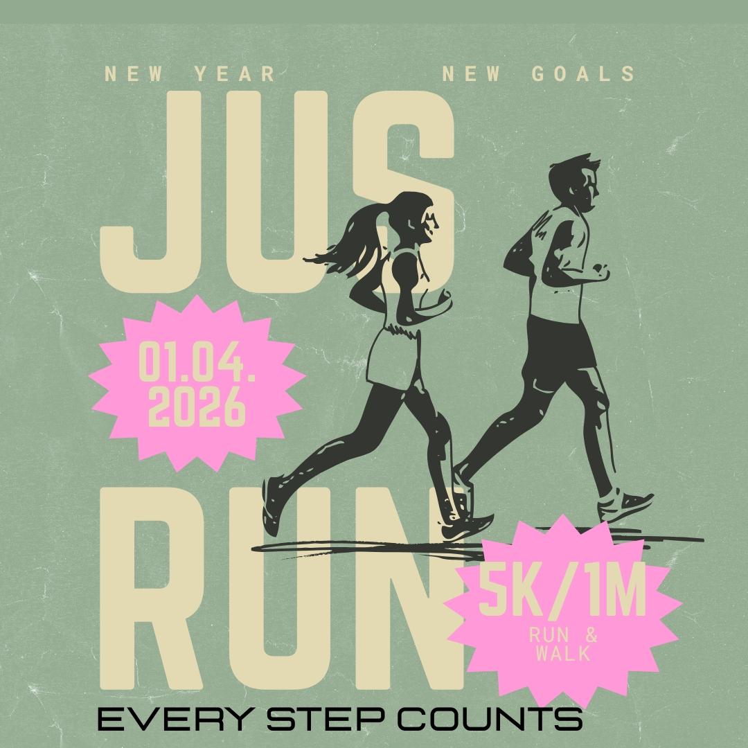 Two people, a woman and a man, are running side by side with event details around them: "New Year New Goals," "01.04.2026," "5K/1M Run & Walk," and the phrase "Every Step Counts" at the bottom.