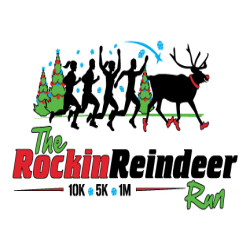 Logo for "The Rockin Reindeer Run," showing four runners and a reindeer wearing red shoes, with decorated trees in the background and blue snowflakes falling around them. Text also reads "10K 5K 1M.