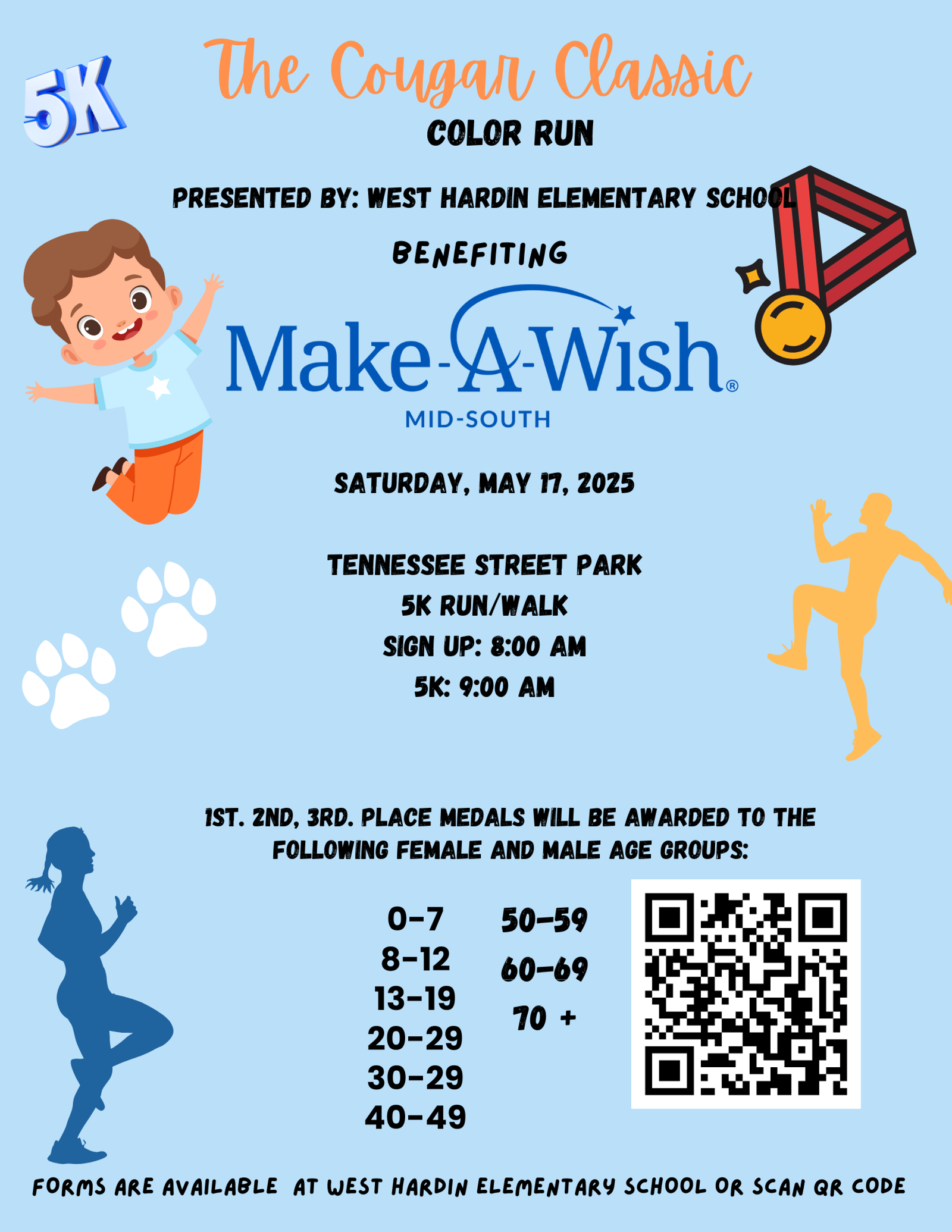 Colorful flyer for "The Cougar Classic Color Run." Event benefits Make-A-Wish. Date: Saturday, May 17, 2025. Location: Tennessee Street Park. Includes age categories, sign-up details, and playful runner graphics. Forms available at West Hardin Elementary School.