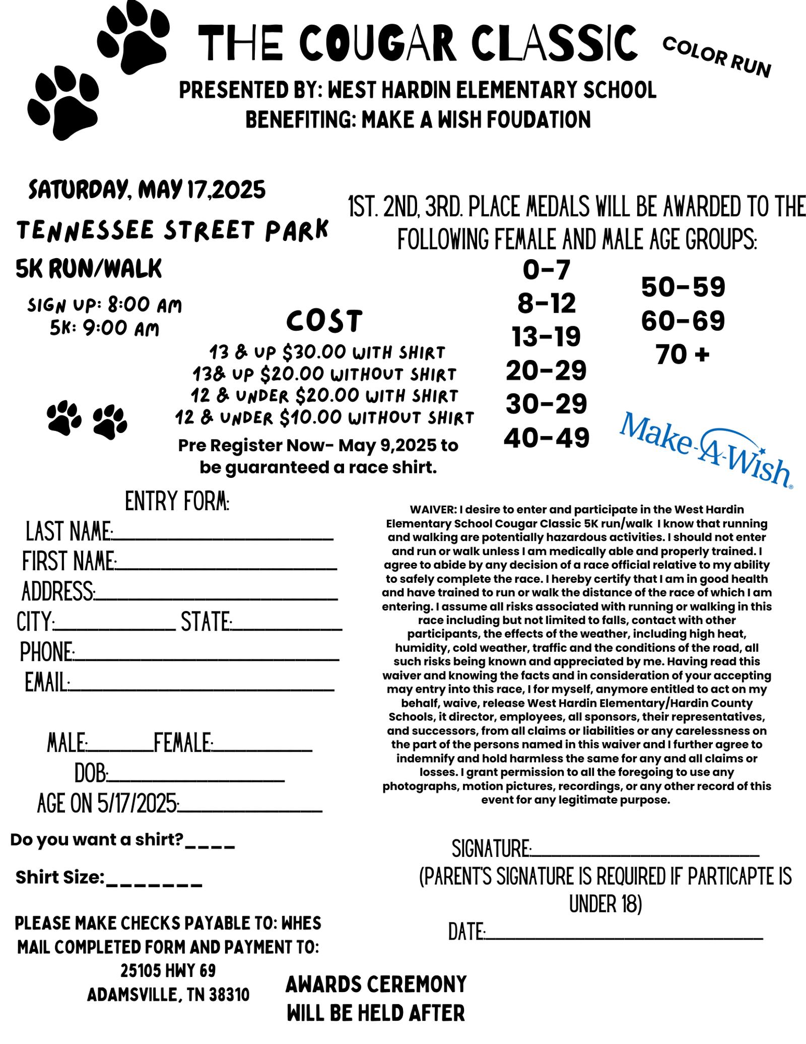 Cougar Classic Color Run flyer for May 17, 2025, in Tennessee Street Park. Includes event details, age groups, costs, contact info, and waiver. Benefits Make-A-Wish Foundation. Images of paw prints and Make-A-Wish logo included.