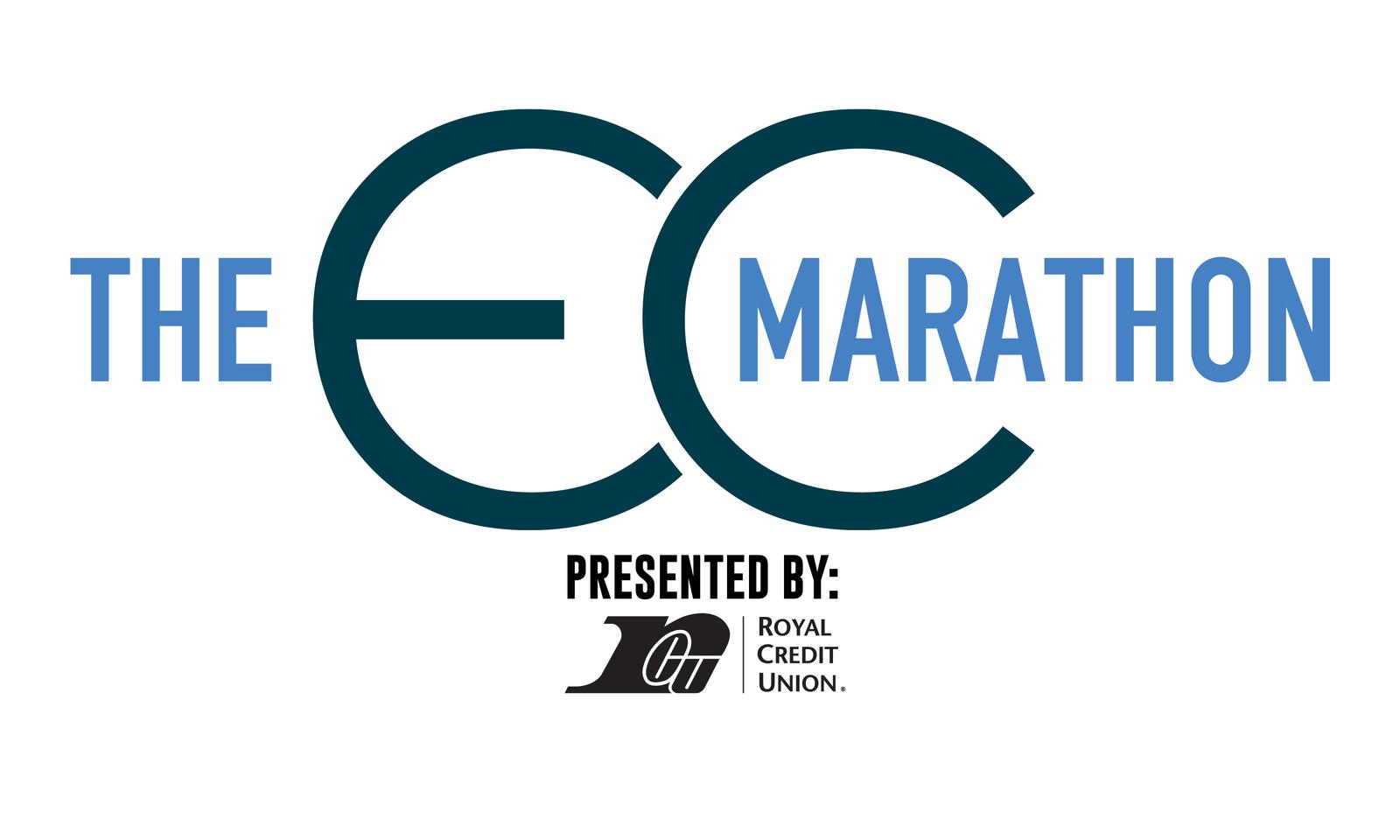Logo for "The EC Marathon" with "Presented by Royal Credit Union" underneath. The text is in blue and black on a white background.