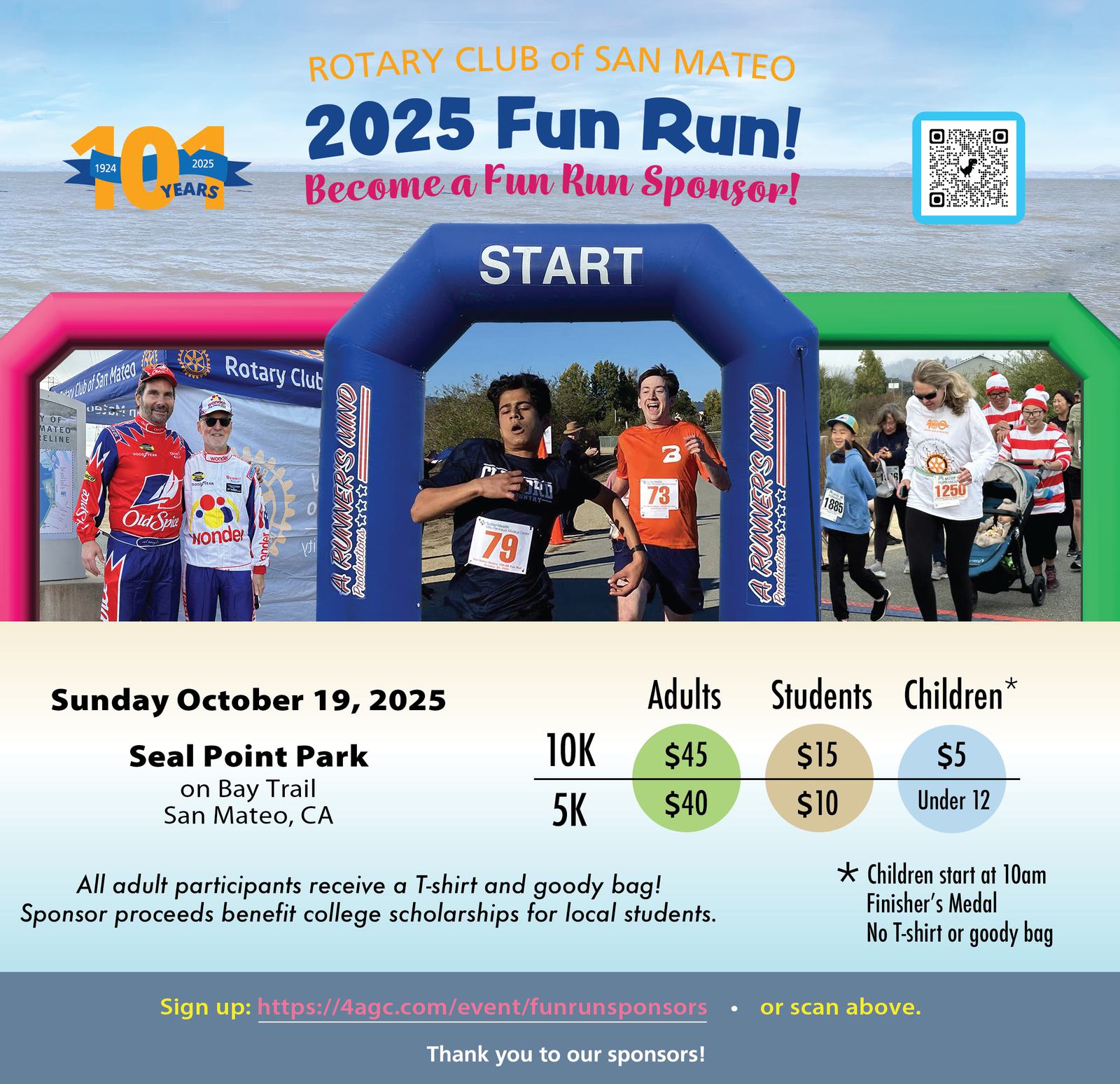 Colorful fun run starting line with participants in bright shirts preparing to race. Event details for a Rotary Club 2025 Fun Run, listing prices, date, and location at Seal Point Park, San Mateo, CA. Sponsor and prize info included.