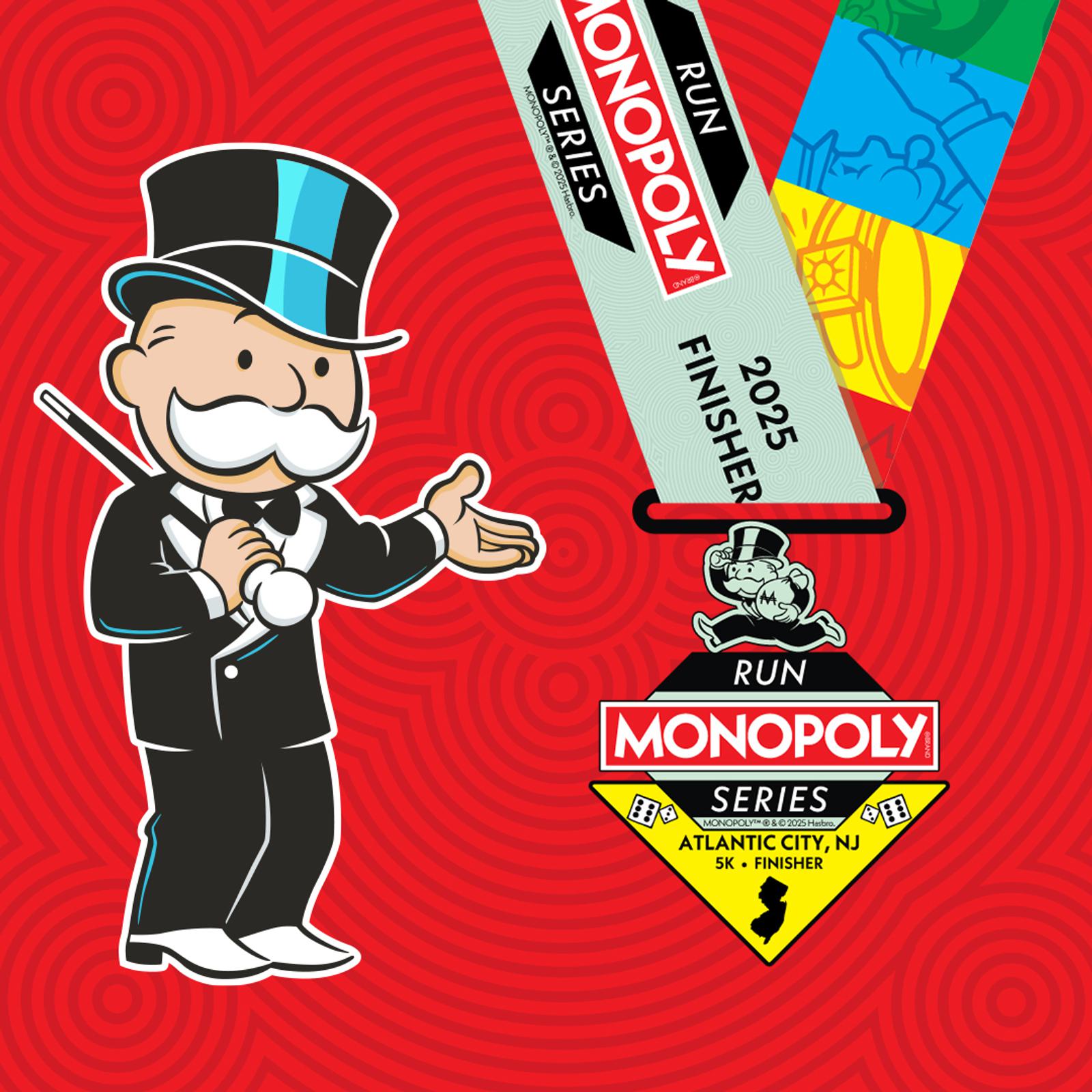 Illustration of the Monopoly mascot holding a medal with a ribbon. The medal reads "Run Monopoly Series 2025 Finisher" and "Atlantic City, NJ 5K - Finisher." The background is red with a circular pattern.
