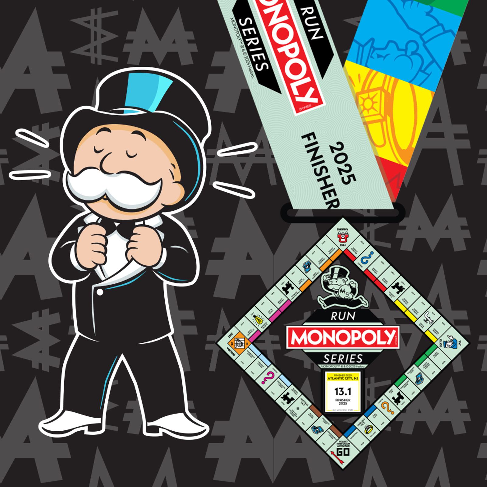 Illustration of the Monopoly man in a suit and top hat, standing proudly with a medal around his neck that reads "2025 Finisher." The medal design includes Monopoly board graphics, and the background has a pattern of dollar symbols.