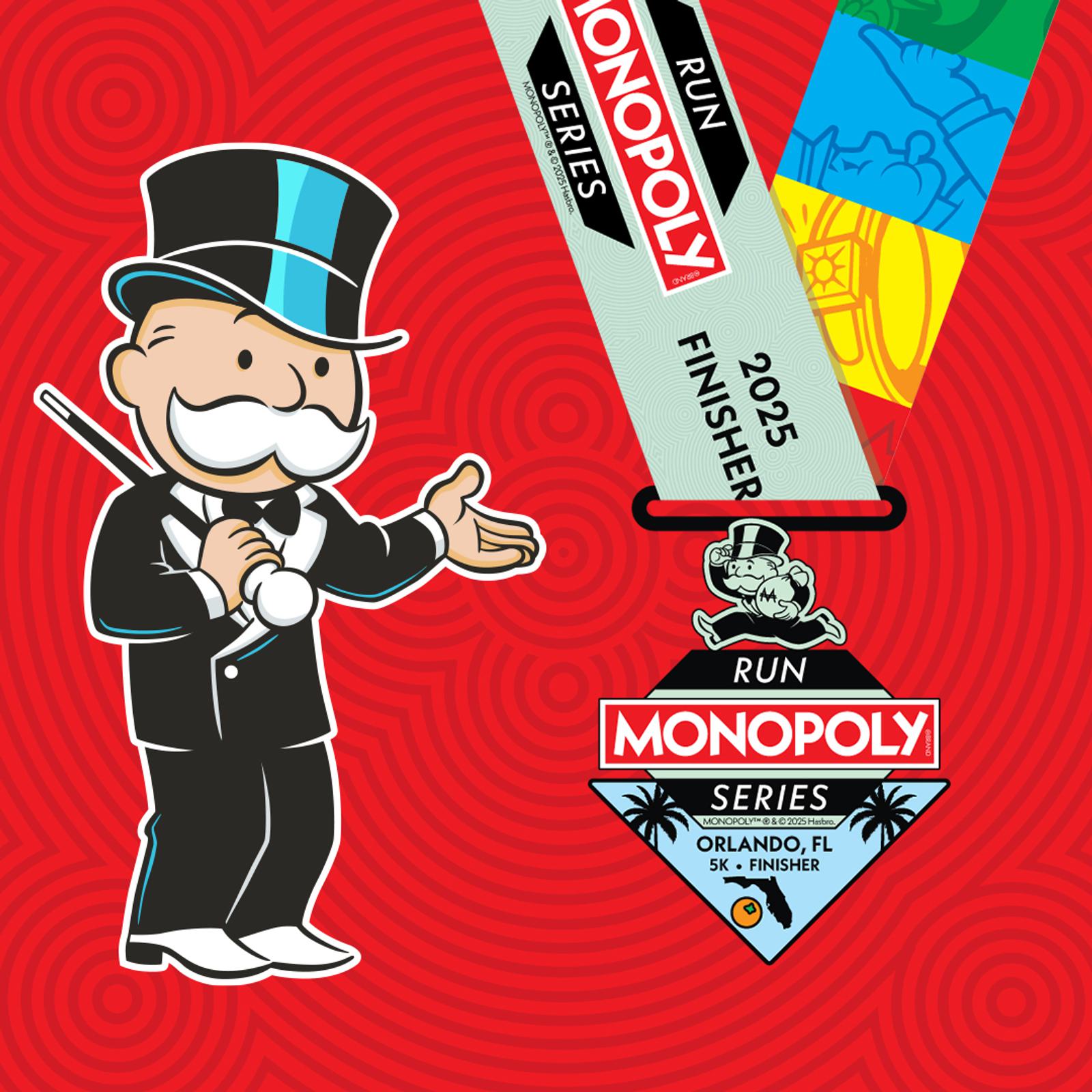 Illustration of the Monopoly mascot, Rich Uncle Pennybags, pointing to a medal with "2025 Finisher." The medal reads "Run Monopoly Series Orlando, FL 5K Finisher" on a vibrant red background.