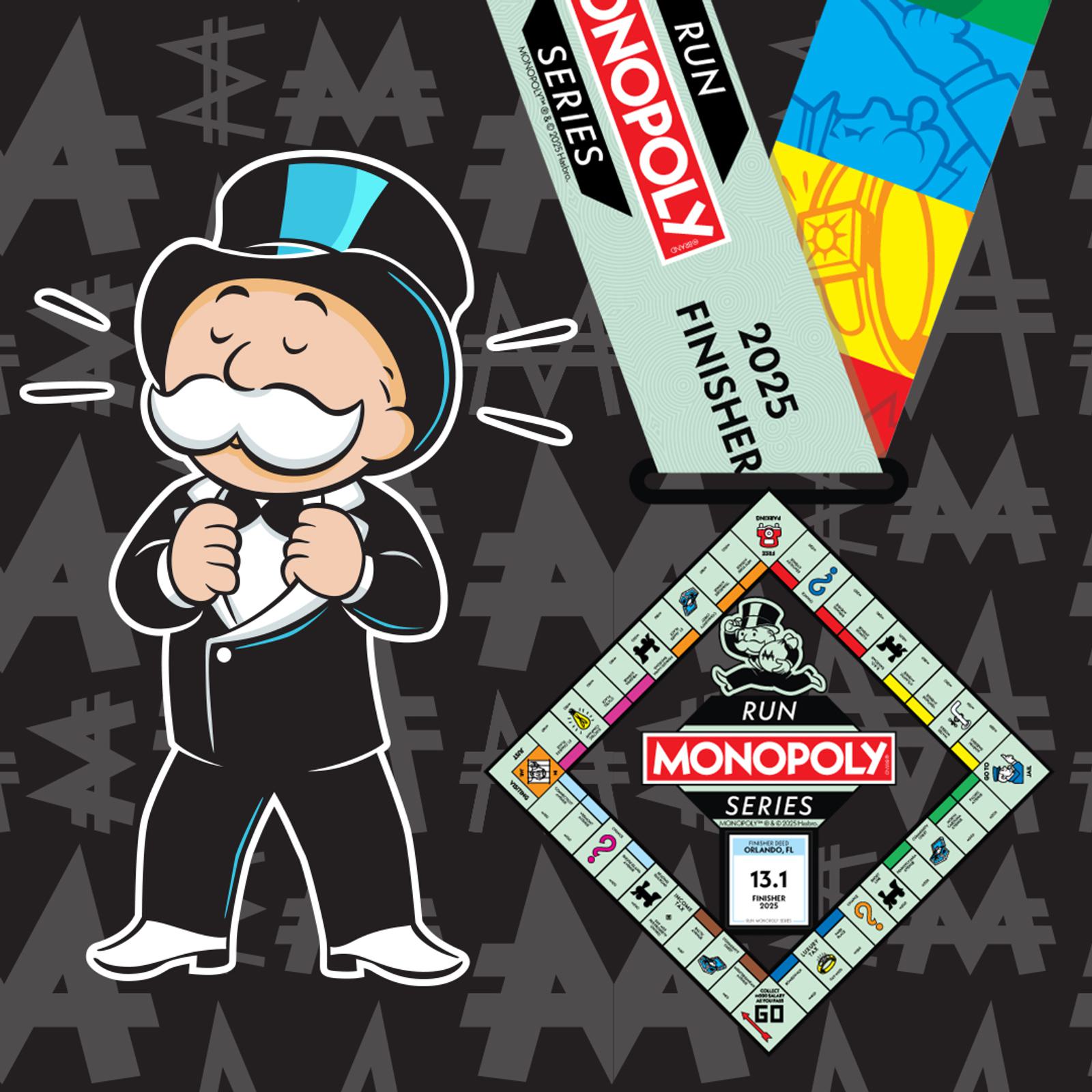 Illustration of the Monopoly Man with a medal featuring a Monopoly board design. The medal reads "Run Monopoly Series 2025 Finisher" and "13.1." The background has a black pattern with Monopoly symbols.