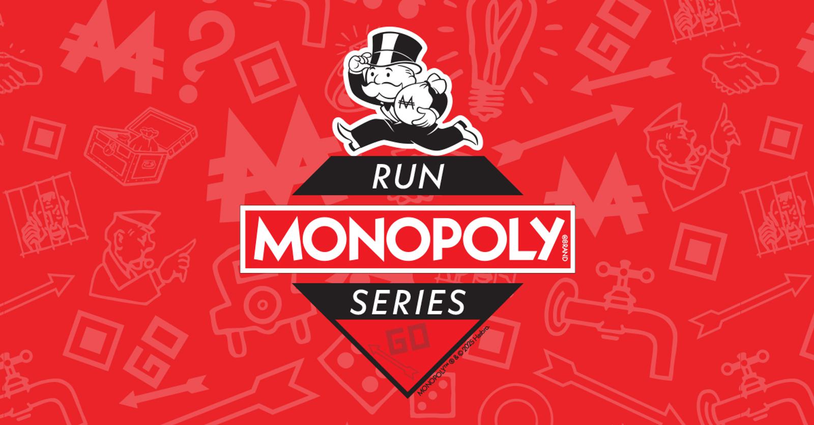 Red background with Monopoly-themed illustrations, including a light bulb, faucet, and top hat. Central text reads "Run Monopoly Series" in black and white, featuring the Monopoly man running with a money bag.