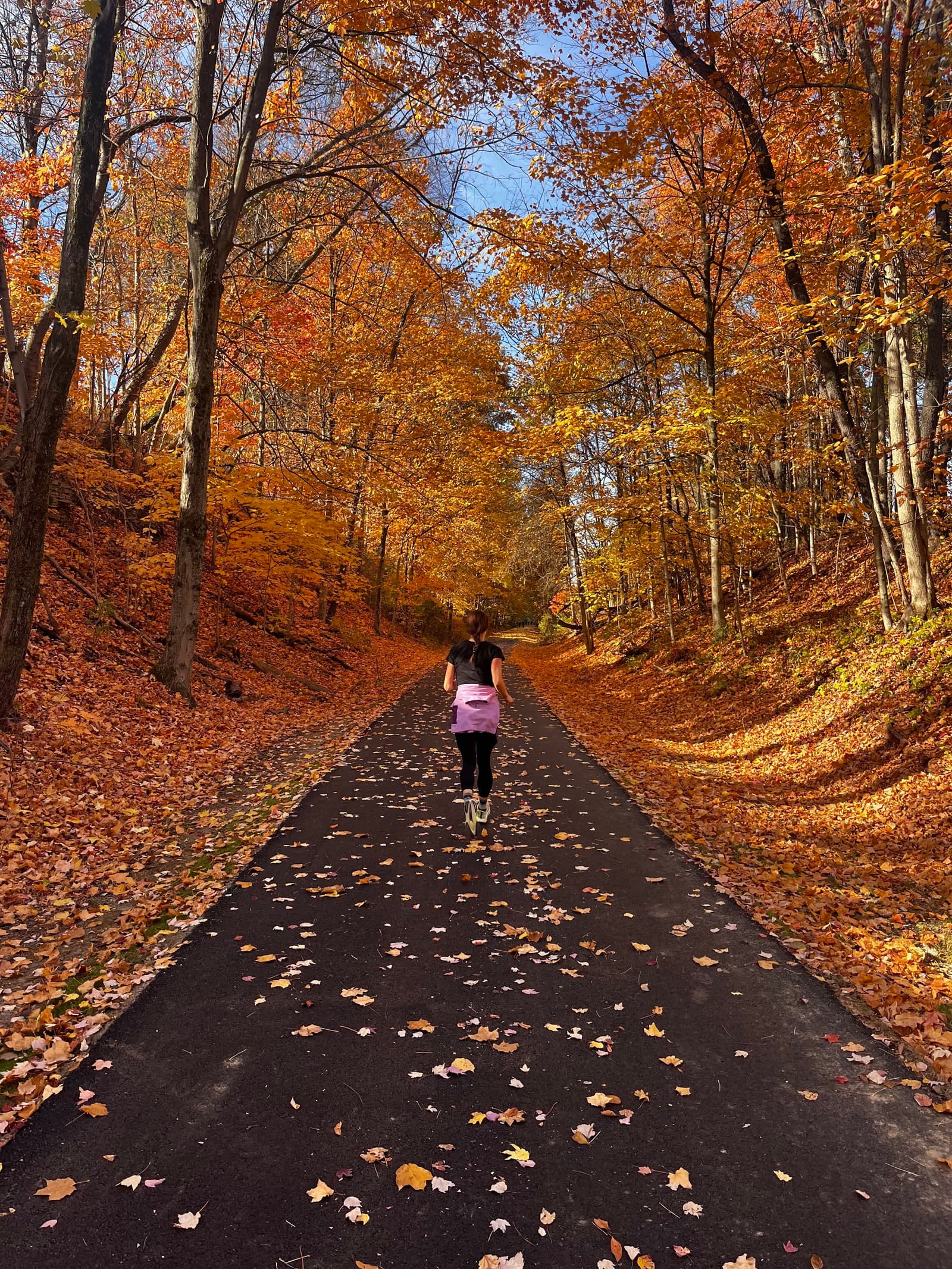 A person in a pink top jogs along a paved path through a forest adorned with vibrant autumn leaves in shades of orange and yellow. Fallen leaves scatter the path, and the sky is clear blue.