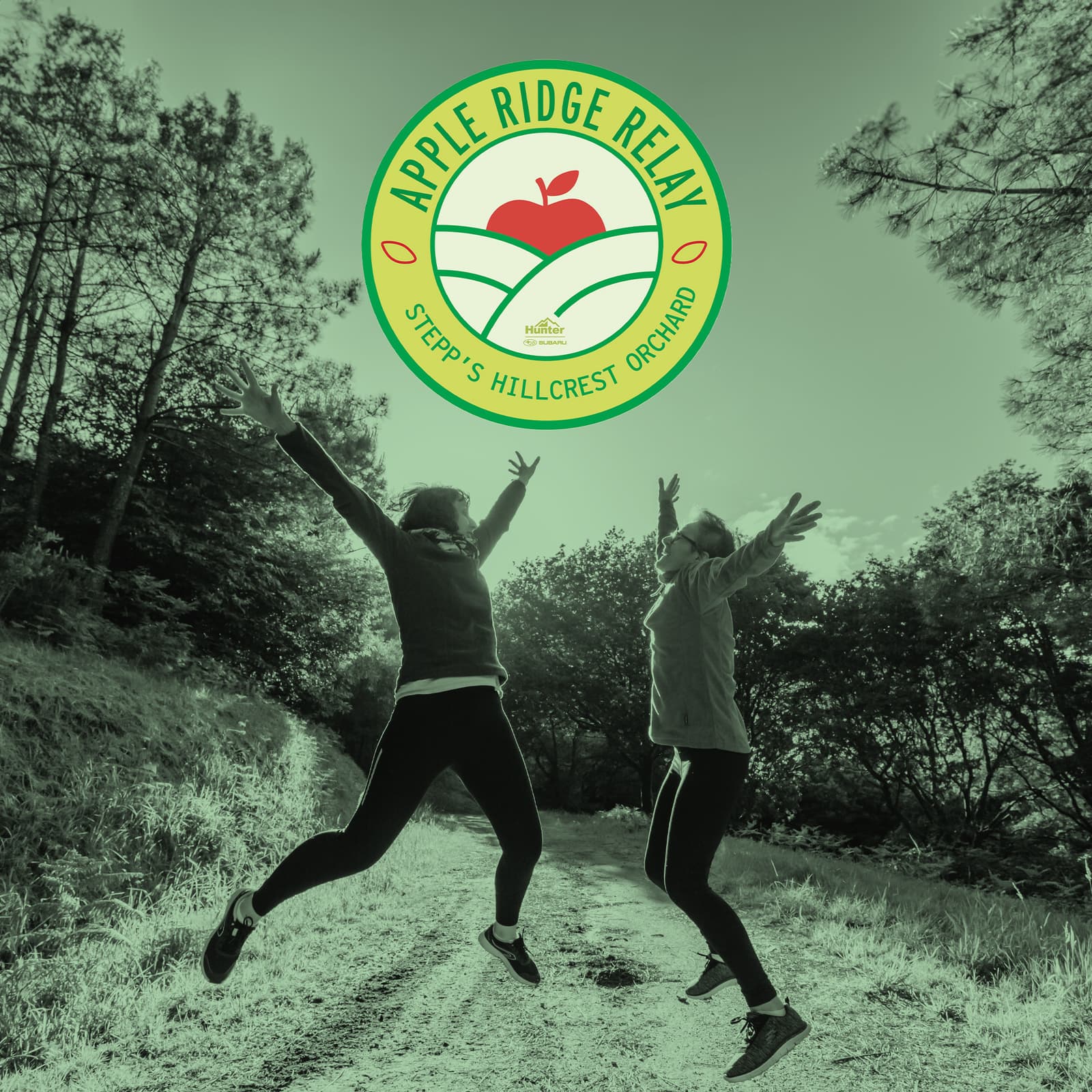 Two people joyfully jumping on a forest path, surrounded by trees and under a bright sky. The image is tinted green. A logo featuring an apple and text "Apple Ridge Relay, Stepp's Hillcrest Orchard" is displayed above them.