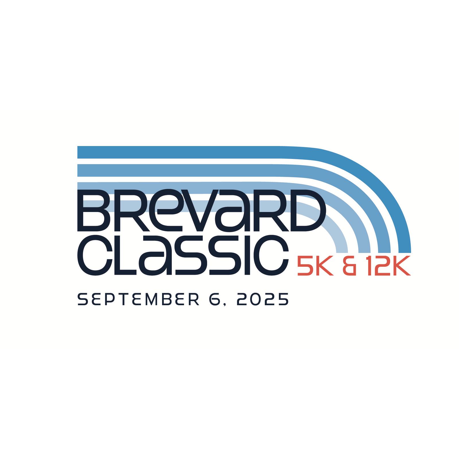 Logo for the Brevard Classic 5K & 12K with curved blue lines above the event name and the date September 6, 2025 written below in blue text.