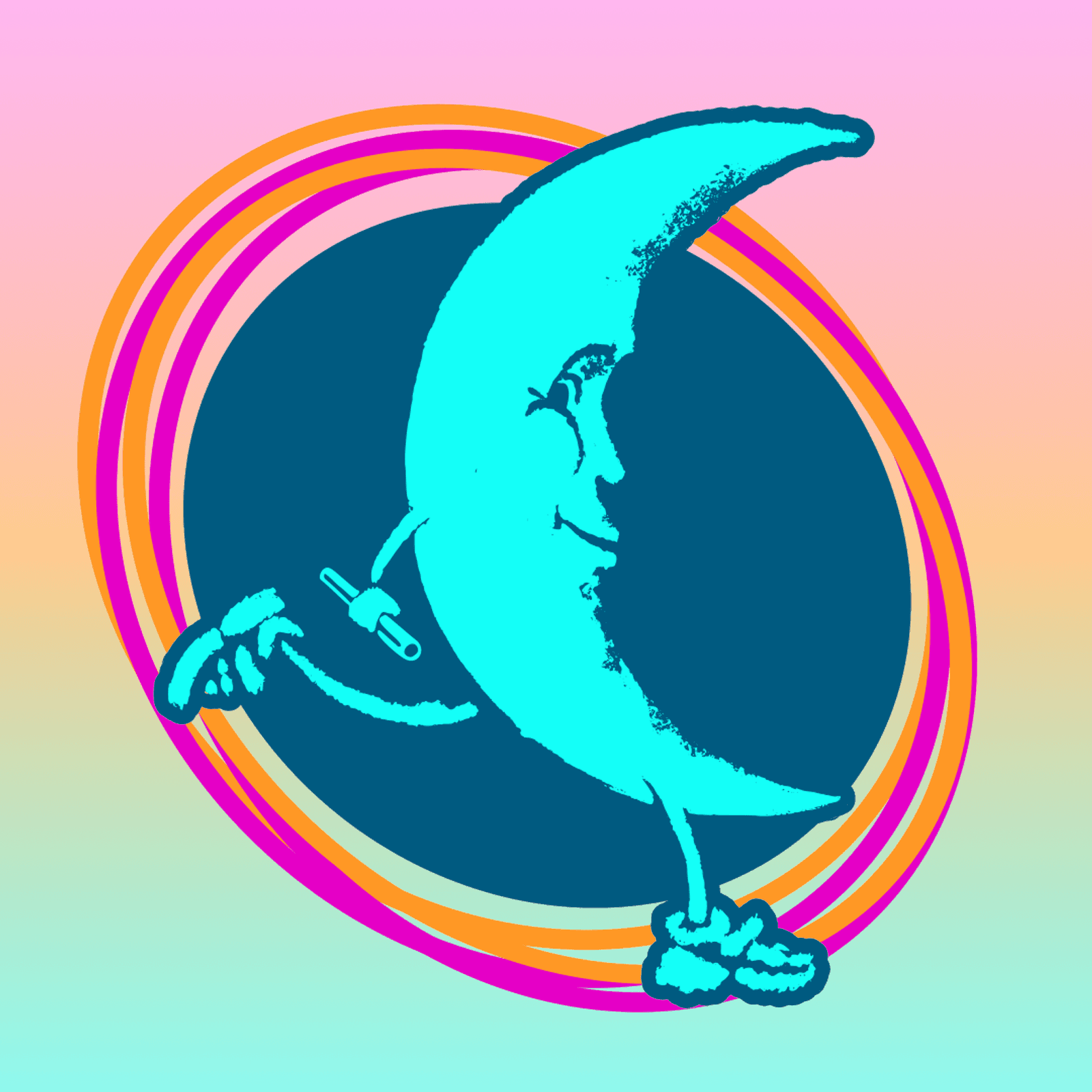 A teal crescent moon with a smiling face, wearing shoes, walks on a colorful gradient background. It holds a cane and is encircled by vibrant, multicolored concentric rings.