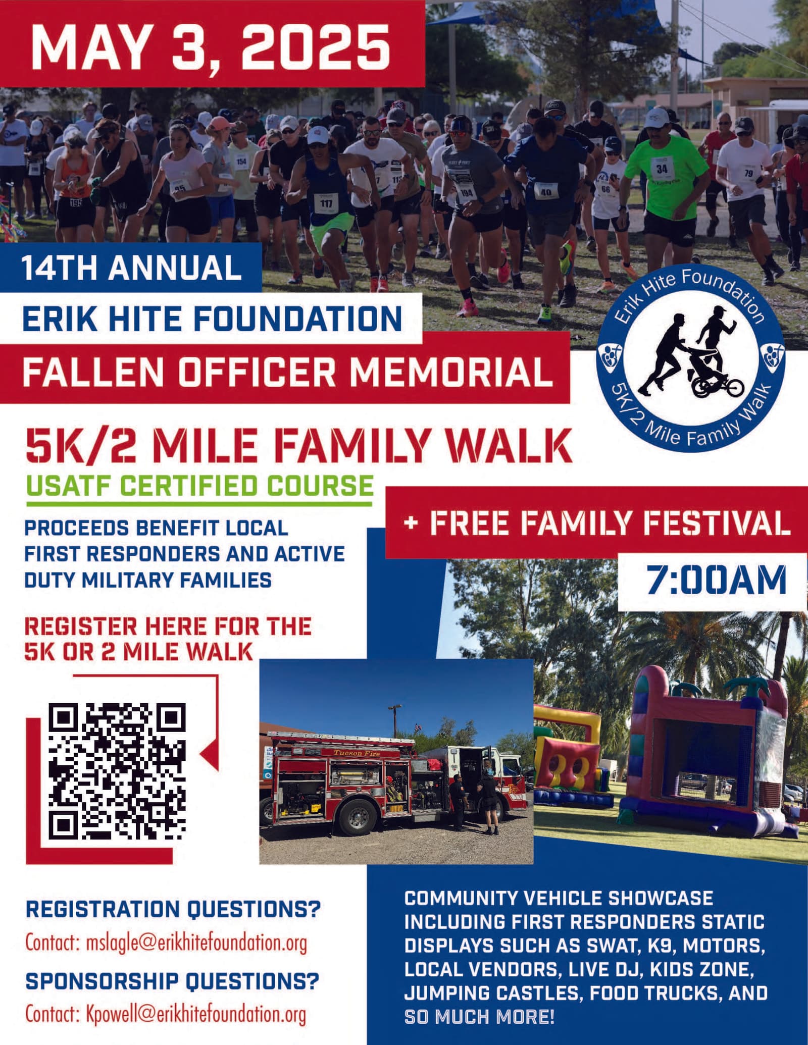Poster for the 14th Annual Erik Hite Foundation Fallen Officer Memorial 5K/2 Mile Family Walk on May 3, 2025. Highlights include a USATF certified course, free family festival, registration details, vehicle showcase, and various kid-friendly activities.