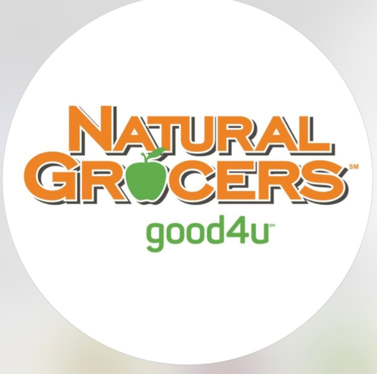 Logo for Natural Grocers. The words "Natural Grocers" are in orange with a green apple replacing the "O" in "Grocers." Below, "good4u" is written in green lowercase letters.