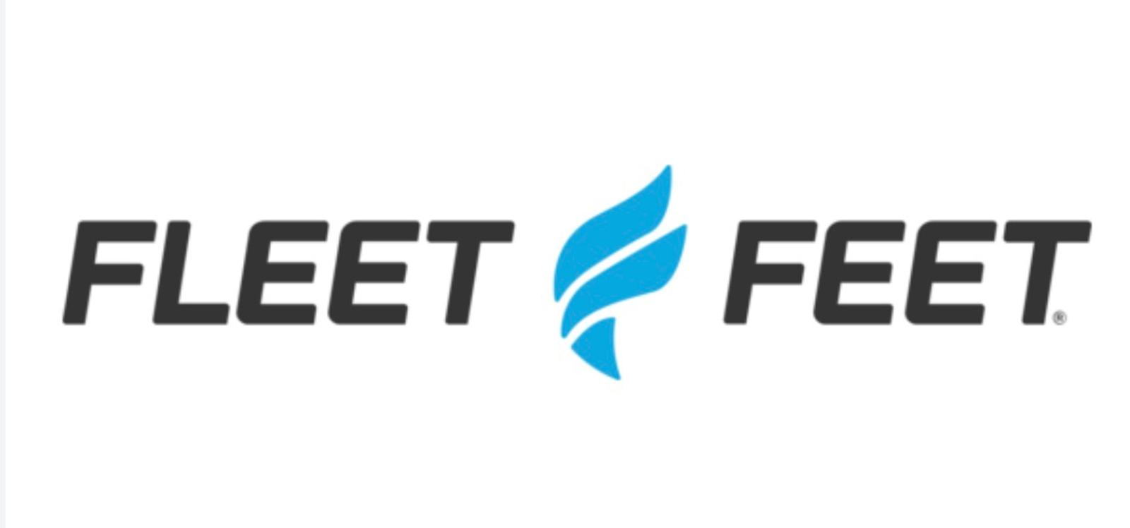Fleet Feet logo with the words "FLEET" and "FEET" in bold black letters, separated by a stylized blue wing symbol on a white background.