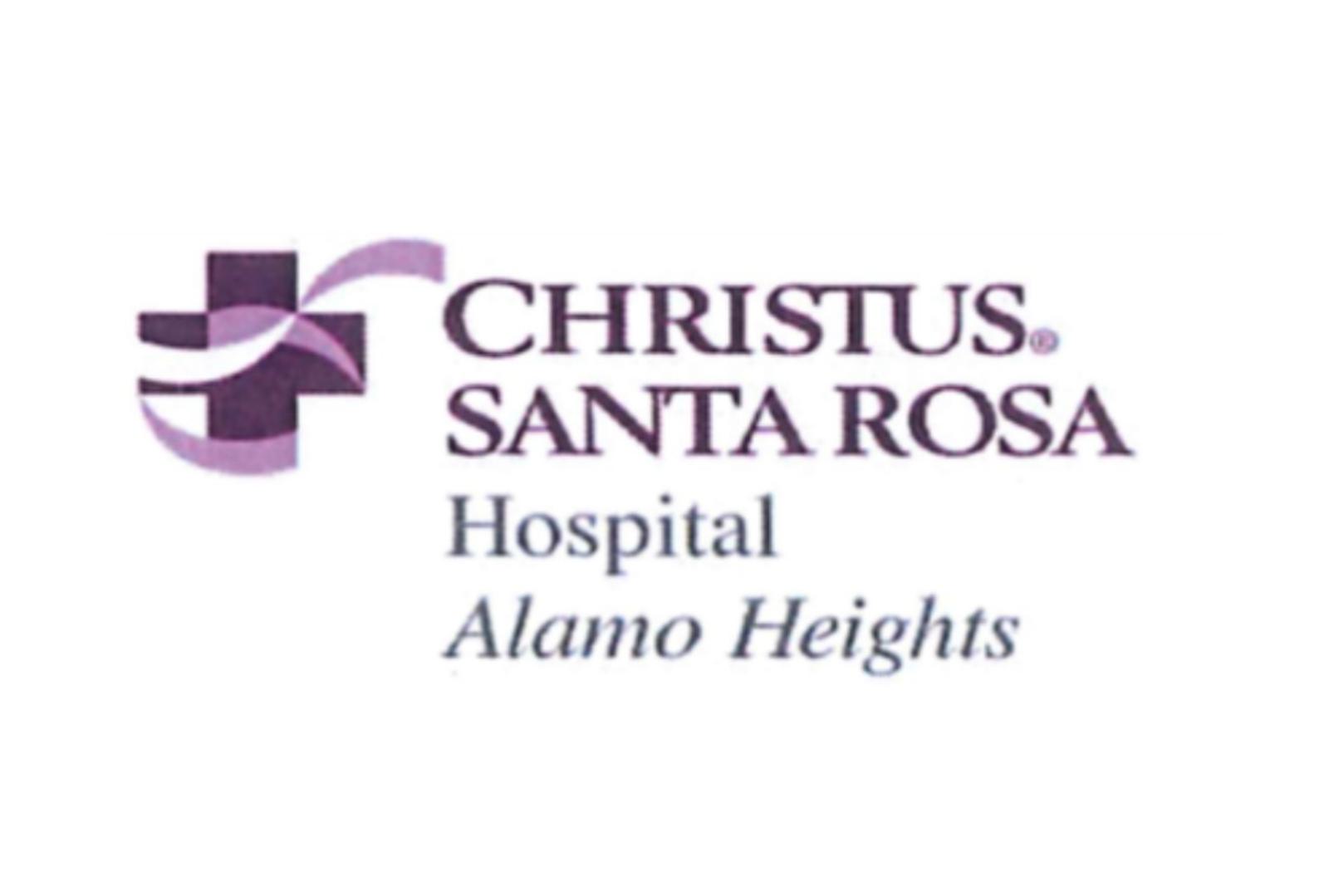 The logo for CHRISTUS Santa Rosa Hospital Alamo Heights features a purple cross design with stylized ribbon elements and the hospital name written alongside in purple and blue text.