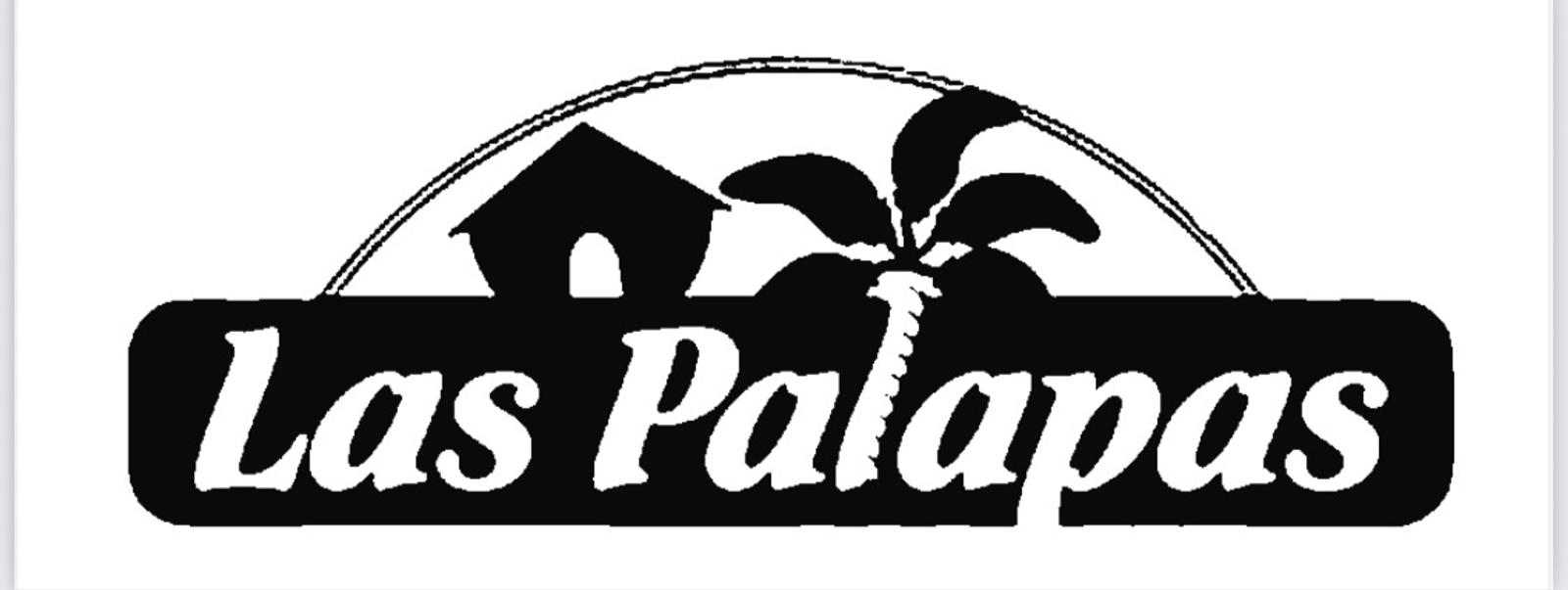 Black and white logo for "Las Palapas" featuring a hut and a palm tree above the text, with a curved line arching over the images.