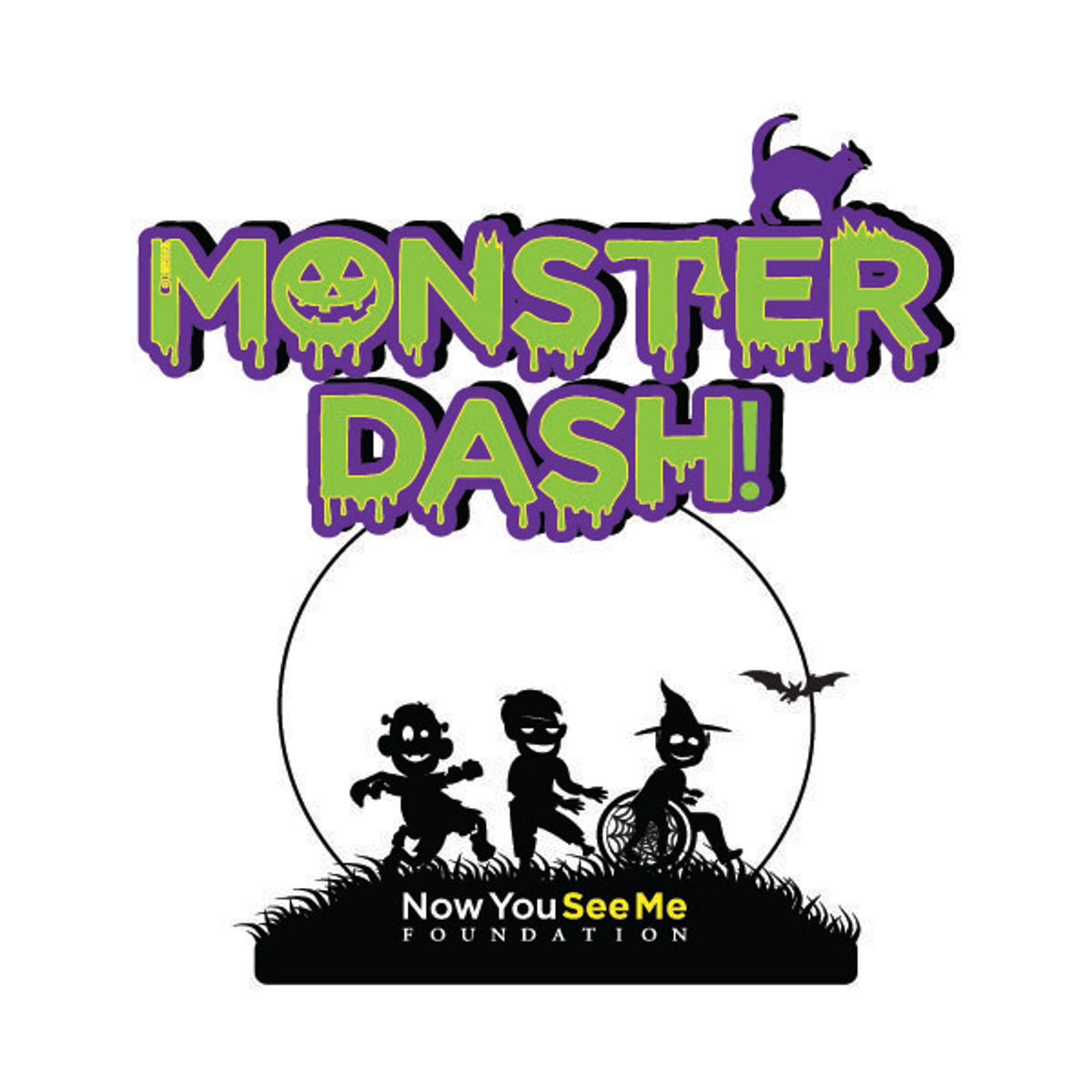 Logo for "Monster Dash" with a spooky font and a pumpkin face in the letter "O." Below, silhouettes of three costumed children, one in a wheelchair, under a bat and moon, with "Now You See Me Foundation" text.