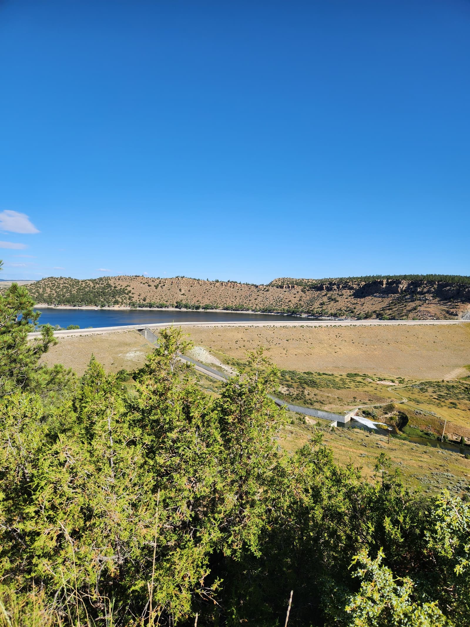 A scenic landscape with green shrubs in the foreground, a dam and road in the middle, a blue lake behind the dam, and hills under a clear blue sky in the background.