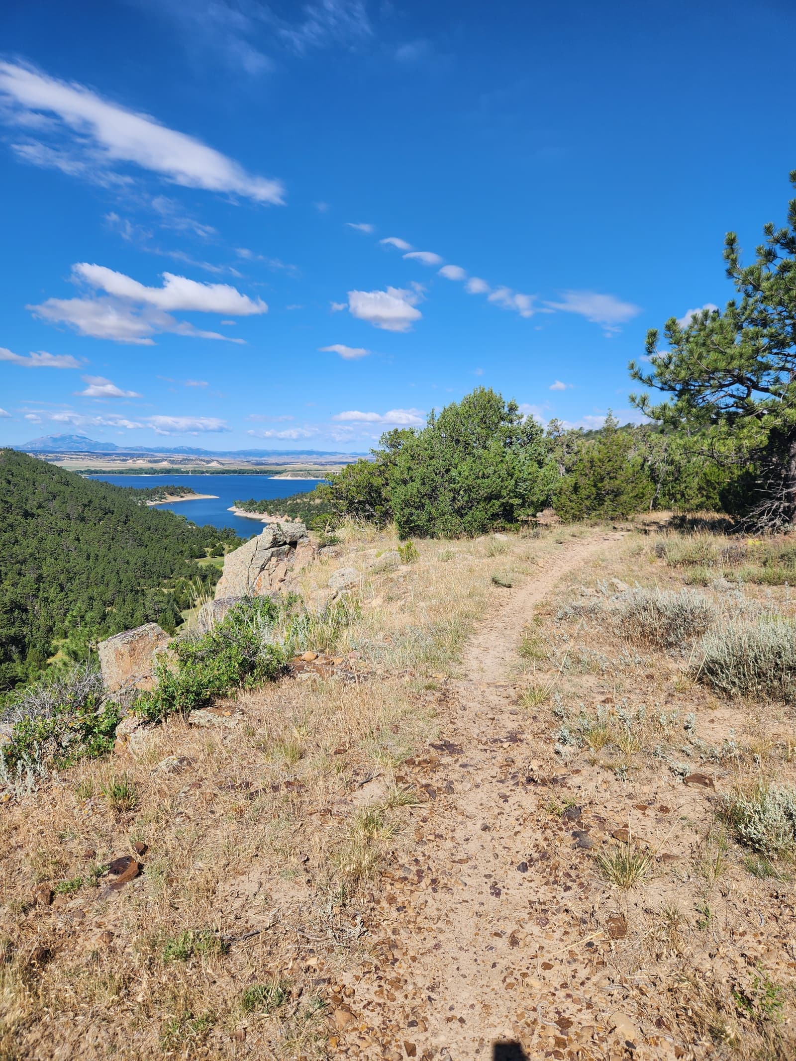 A dirt trail winds through grassy, rocky terrain with green bushes and trees along the side. A blue lake is visible in the distance under a bright, clear sky with scattered clouds.