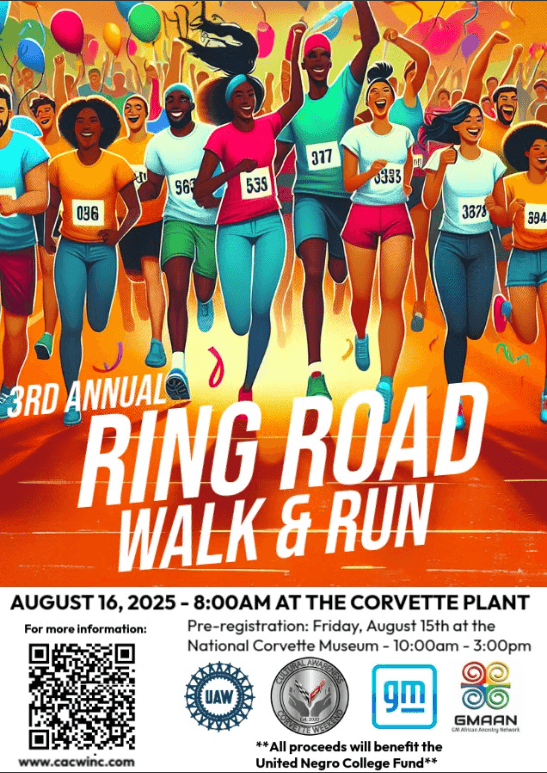 A diverse group of smiling runners, each wearing numbered bibs, participate in a colorful outdoor race. Text promotes the "3rd Annual Ring Road Walk & Run" event on August 16, 2025, with registration details and sponsor logos.