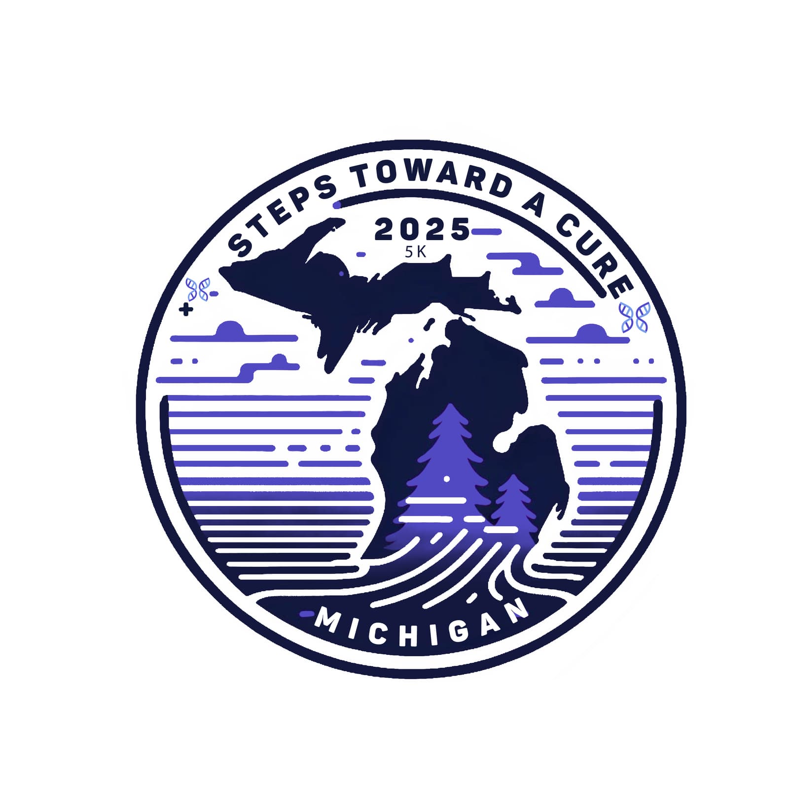 A circular logo with the shape of Michigan, two pine trees, waves, clouds, and the text "Steps Toward a Cure 2025 5K Michigan" in blue and purple tones.