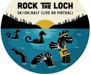 Illustration of a lake at sunset with four playful Loch Ness monster-like creatures in the water. Text reads: "Rock the Loch 5K/10K/Half (Live or Virtual)." One creature wears a race bib labeled "ROCK.