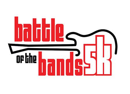 Logo with the words "battle of the bands 5K" in bold red and black text, featuring an outline of an electric guitar integrated into the design.