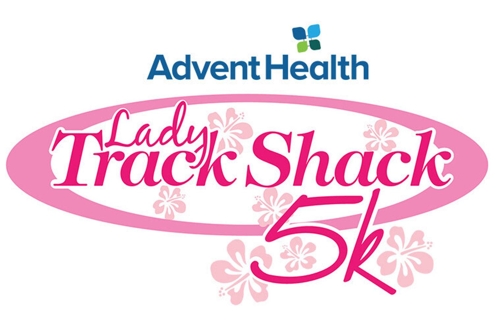 AdventHealth Lady Track Shack 5k logo, featuring pink script text with floral accents on a white background and the AdventHealth logo above.
