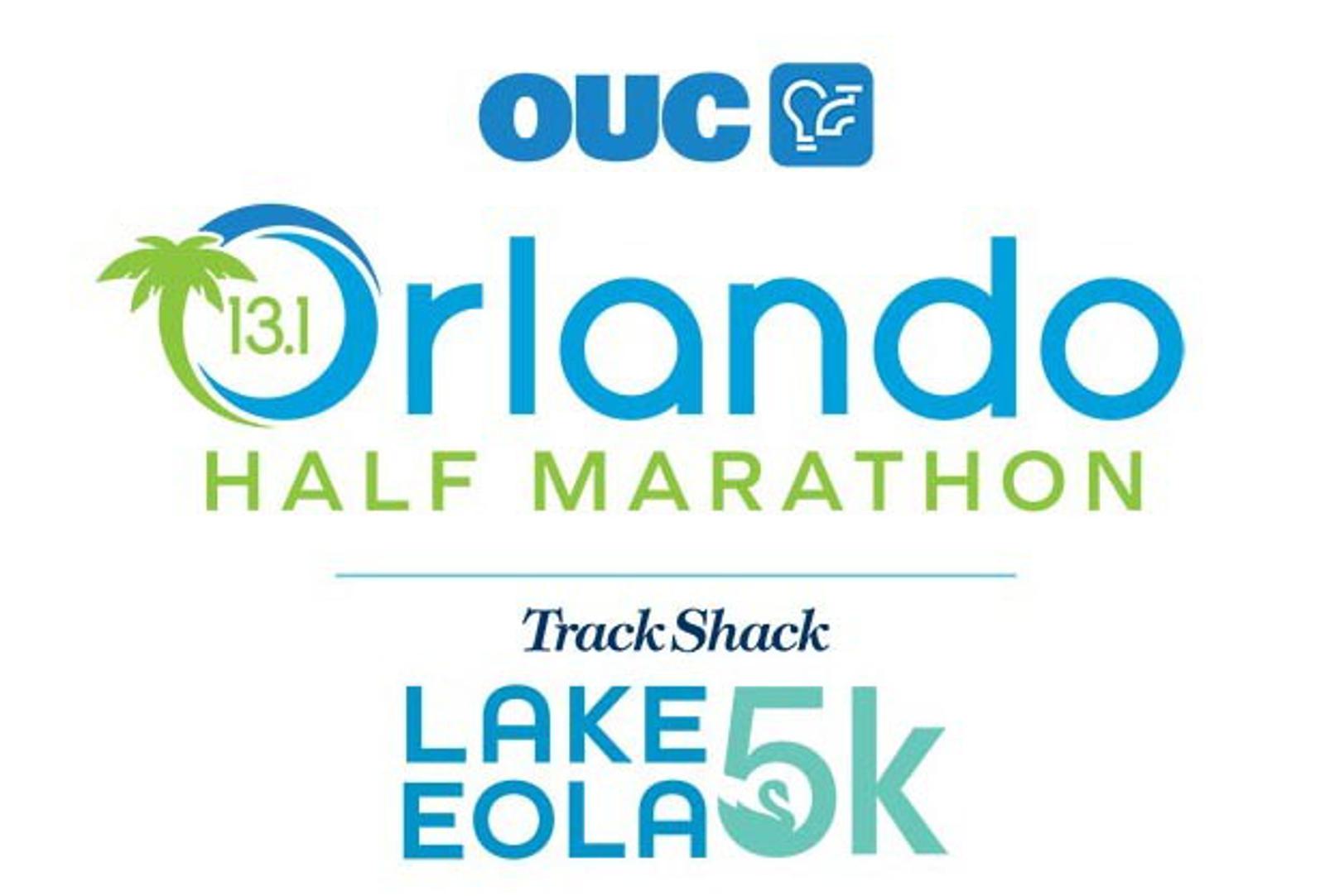 Logo for the OUC Orlando Half Marathon and Track Shack Lake Eola 5k, featuring a palm tree, text in blue and green, and event distances "13.1" and "5k.