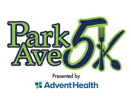 Logo for the Park Ave 5K event, featuring a large β5Kβ with a fork and knife crossed through the K, and the text βPresented by AdventHealthβ with the AdventHealth logo below.