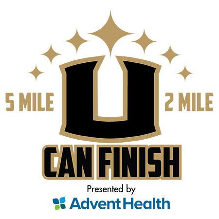 Logo with a large black and gold "U" surrounded by gold stars. Text reads "5 Mile" on the left, "2 Mile" on the right, "Can Finish" below the U, and "Presented by AdventHealth" at the bottom.