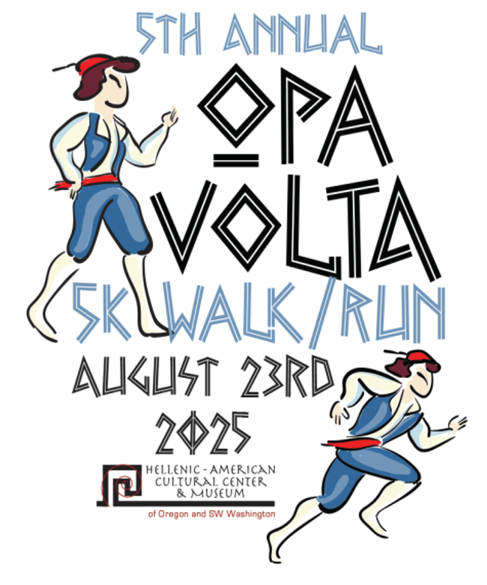 Poster for the 5th Annual Opa Volta 5K Walk/Run on August 23rd, 2025, featuring two stylized runners in blue and red. Event held at Hellenic-American Cultural Center & Museum.