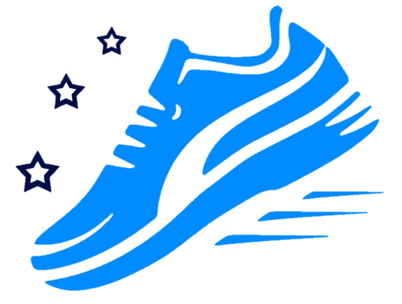 Stylized blue athletic shoe with motion lines, surrounded by four dark blue stars, on a transparent background.