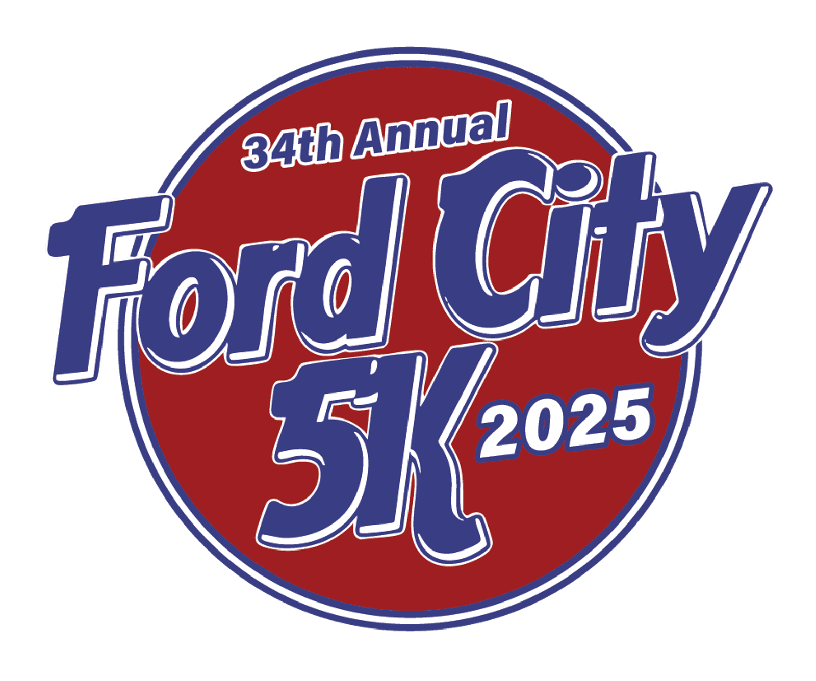 Logo for the 34th Annual Ford City 5K 2025, featuring bold blue and white text on a large red circle background.