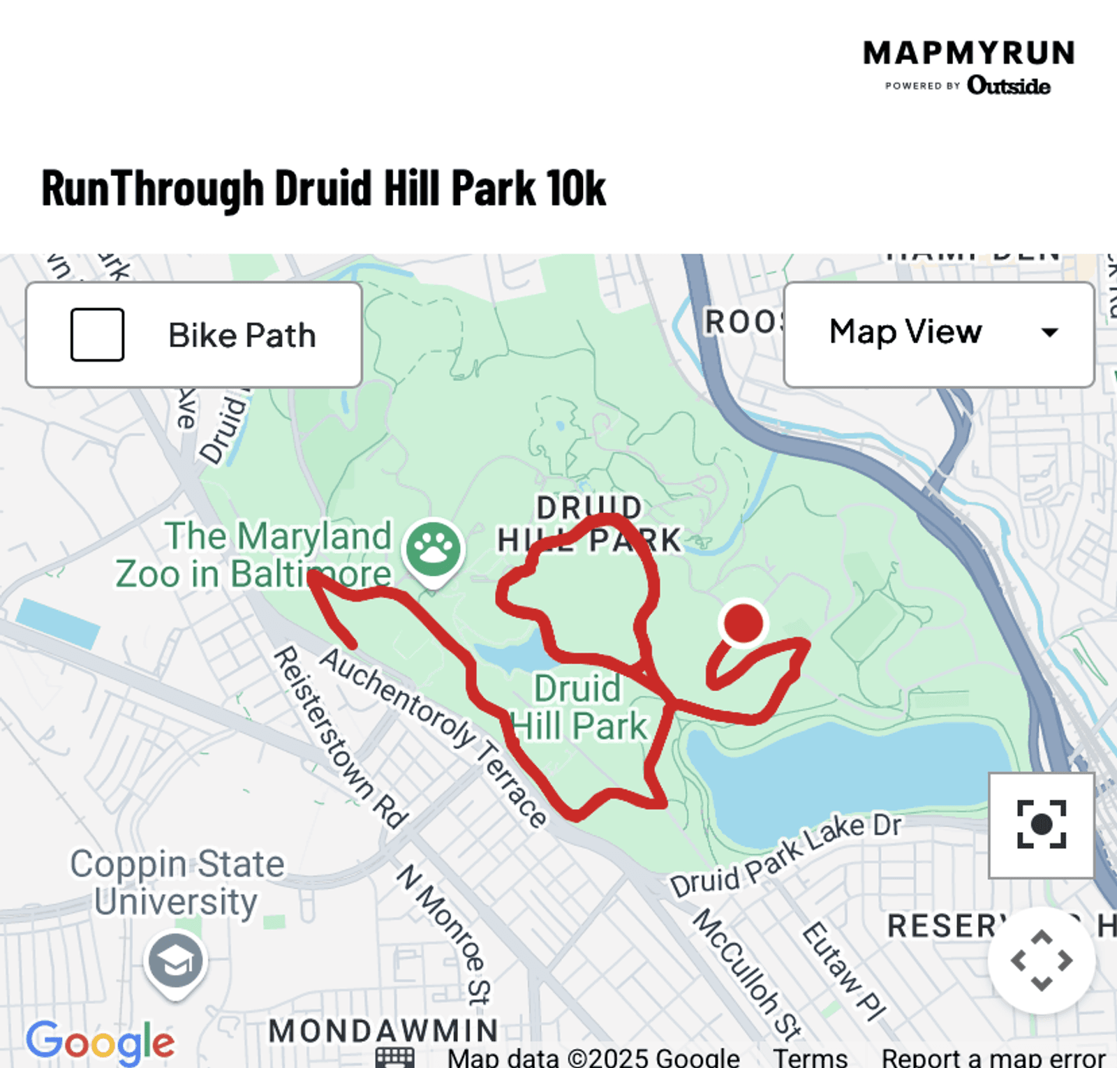 Map of the RunThrough Druid Hill Park 10k route in Baltimore, showing a red line for the course looping through Druid Hill Park, with nearby streets and landmarks like The Maryland Zoo in Baltimore.