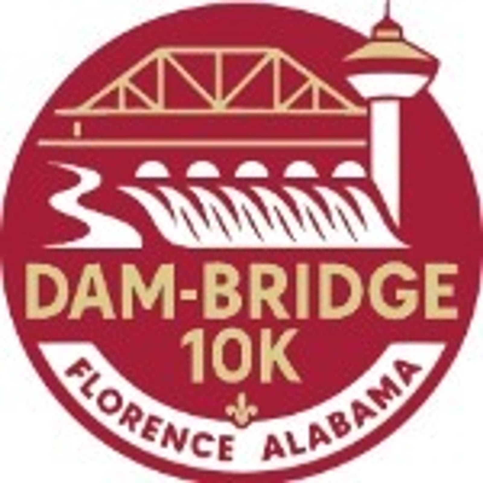 Red circular logo for the Dam-Bridge 10K in Florence, Alabama, featuring a bridge, dam, water, and a water tower, with event name and location in yellow text.