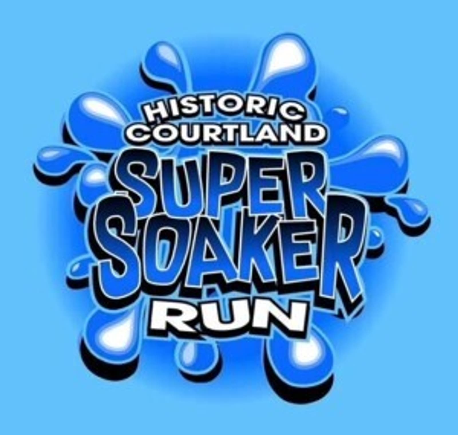 Logo for the Historic Courtland Super Soaker Run, featuring bold, splashy blue water droplets behind the event name on a light blue background.