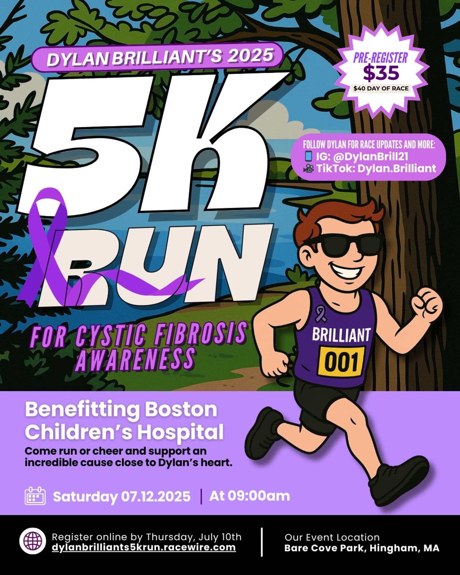Colorful poster for “Dylan Brilliant’s 2025 5K Run for Cystic Fibrosis Awareness” benefiting Boston Children’s Hospital, featuring a smiling runner, race details, and a purple ribbon.