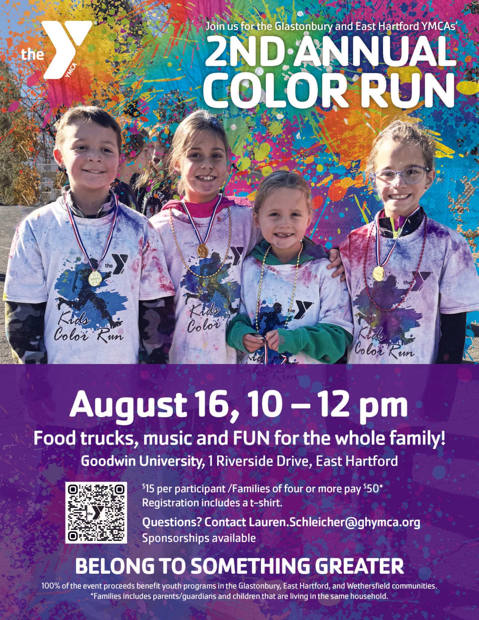 Four smiling children wearing medals and colorful race bibs stand together after a color run, with splashes of blue, pink, and purple powder on their faces and shirts. Event details and YMCA logos appear above and below them.