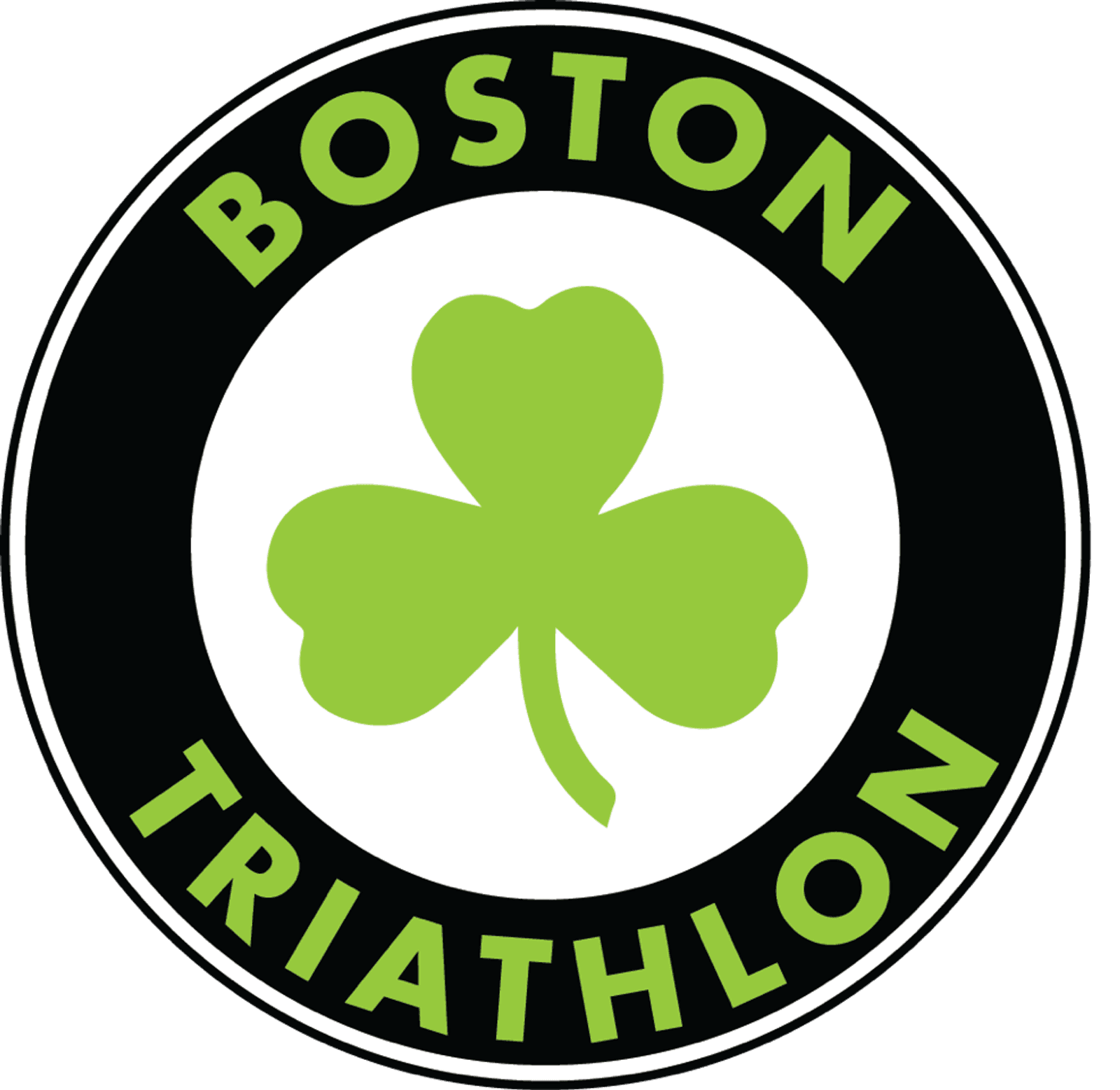 A circular logo with a green shamrock in the center, surrounded by a black ring. The words "Boston Triathlon" are written in green around the shamrock within the ring.