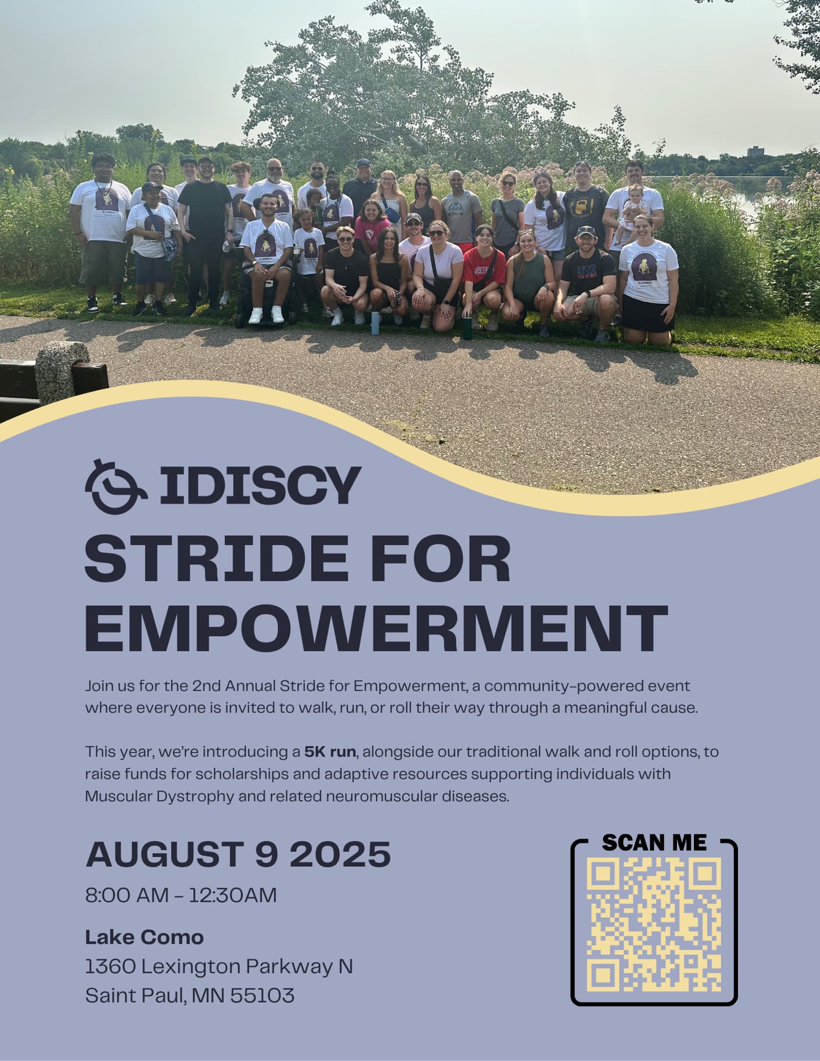 A group of people pose outdoors near a lake for a community event. Event details and a QR code are overlaid, promoting a 5K walk/run for empowerment on August 9, 2025, at Lake Como in Saint Paul, MN.