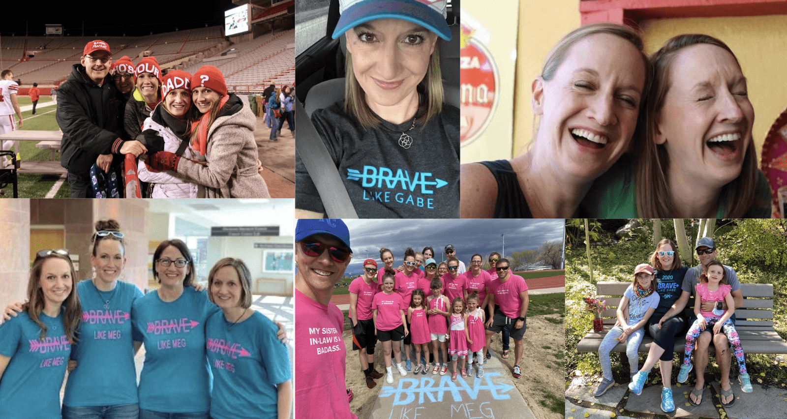 A collage of group photos showing people smiling, wearing matching shirts with slogans like “BRAVE LIKE GABE” and “MY SIS IS A BADASS,” participating in outdoor events, and enjoying time together.