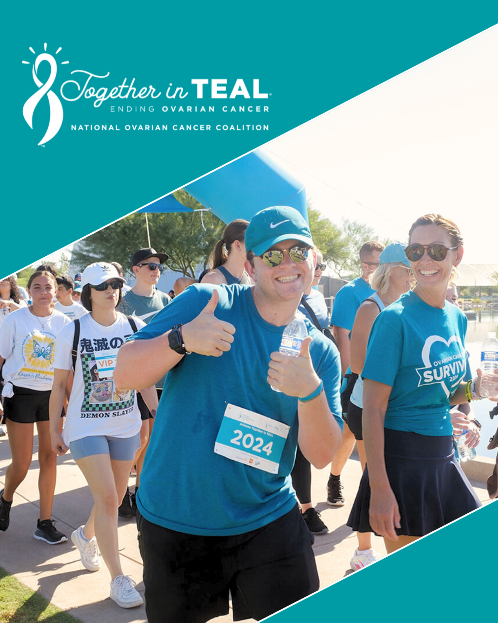 A smiling man in a teal shirt and cap gives a thumbs up at an outdoor walk event, surrounded by other participants. The event banner reads "Together in Teal: Ending Ovarian Cancer.