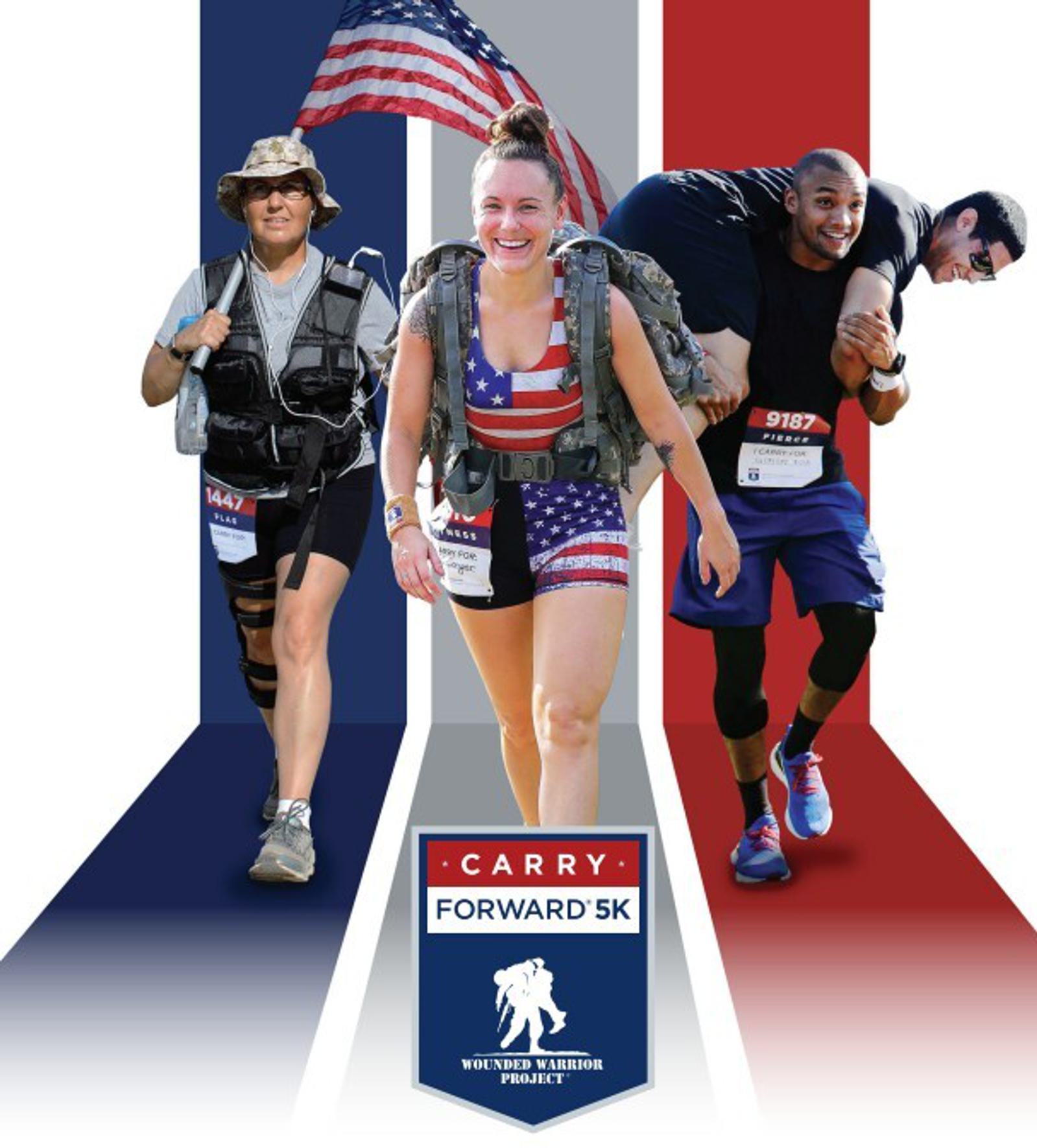 Three runners participate in a 5K event; one carries an American flag, another wears patriotic gear, and a third carries a teammate. The background features red, white, and blue stripes and a "Carry Forward 5K" logo.
