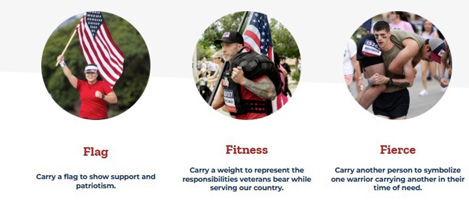 Three challenge categories: a person running with an American flag (Flag), a person carrying a weighted pack (Fitness), and a person carrying another on their back (Fierce), each symbolizing support for veterans.